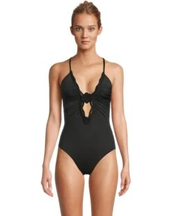 BECCA Colette Clare Crochet Flower Plunge One Piece | Swimwear