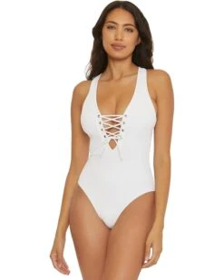 BECCA Modern Edge Gia Lace-Up Plunge One-Piece | Swimwear