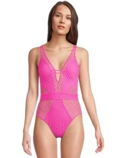 BECCA Castaway Fishnet Texture Plunge One Piece | Swimwear